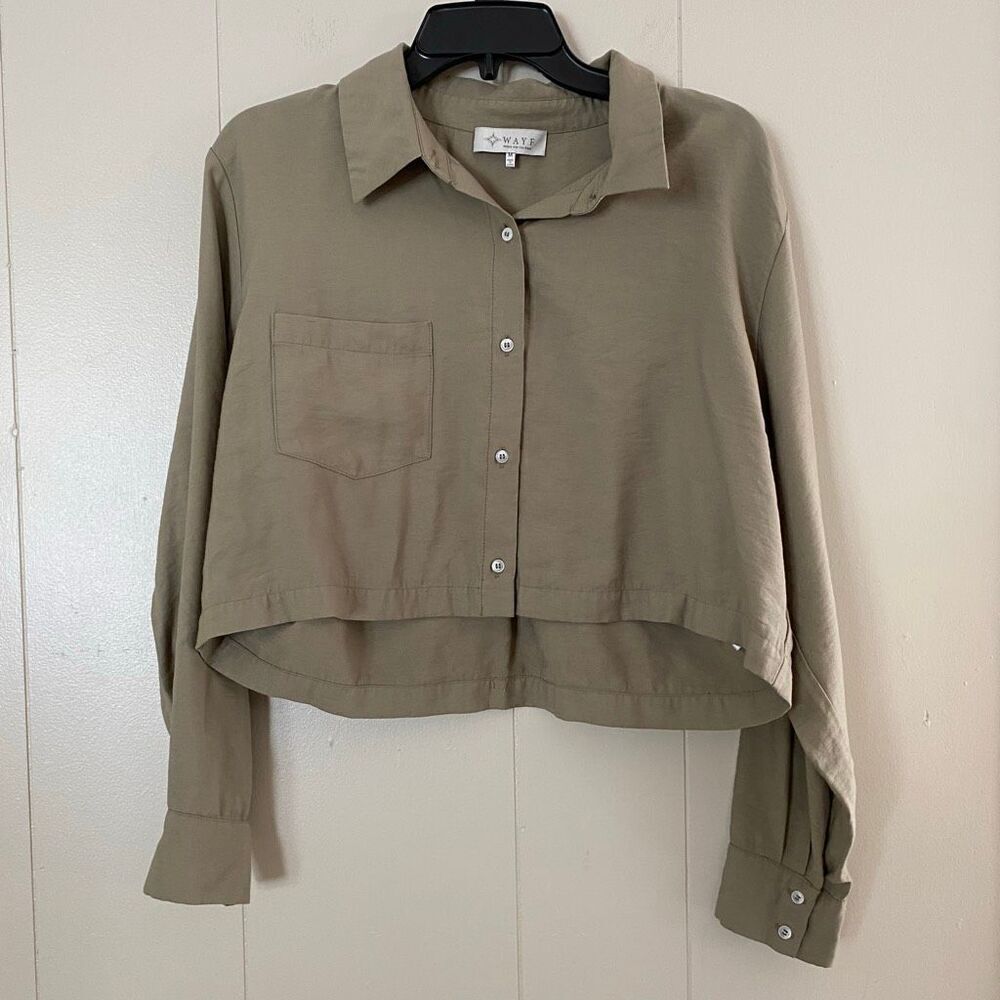 WAYF Olive Green Cropped Button Down Shirt Women’s Size Medium Long Sleeve